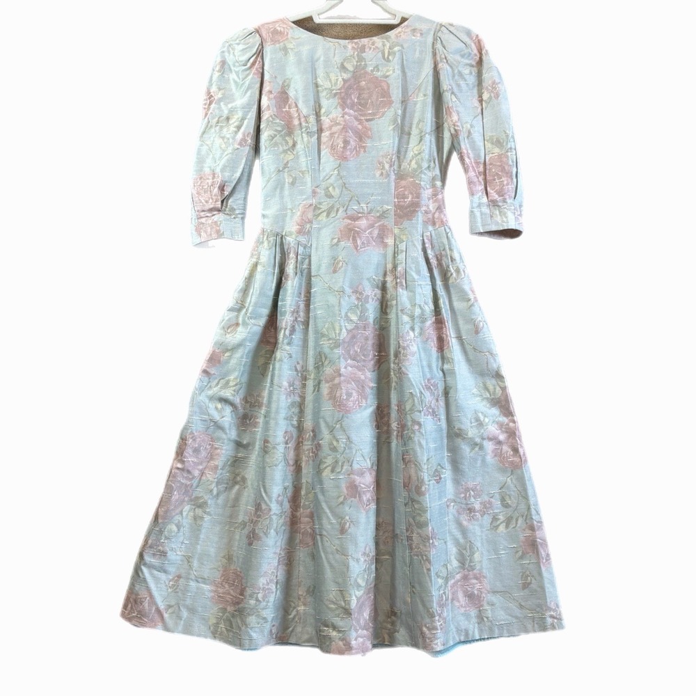VTGβ 80s Floral Taffeta Dress 6 Cottage Puff Sleeve Bow Tea Party Cocktail Lanz